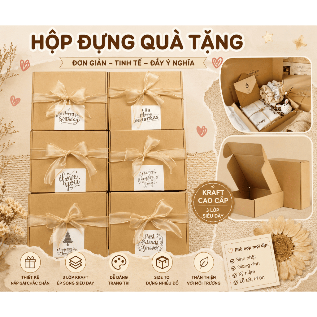 Hộp đựng quà tặng sinh nhật giáng sinh hộp carton nắp gài handmade DIY phong cách vintage Zeno