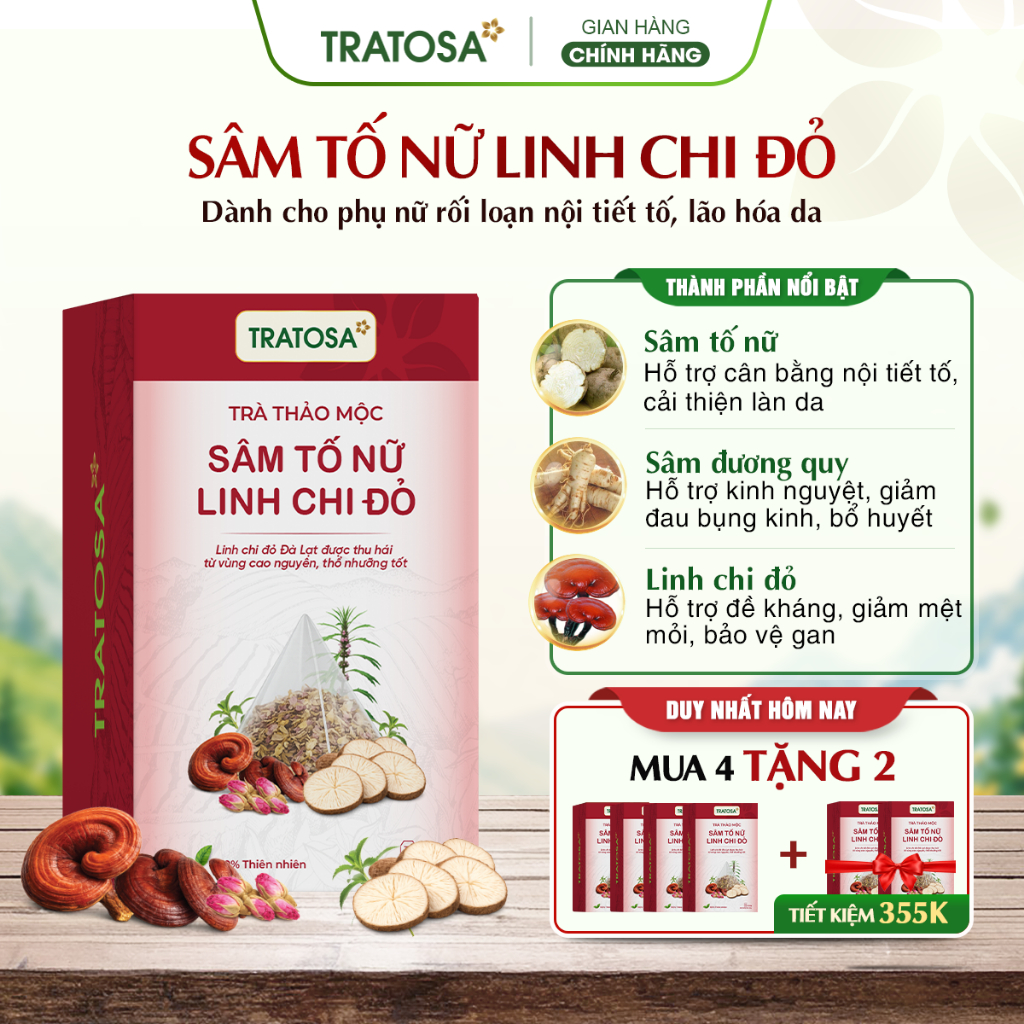 Trà sâm tố nữ linh chi đỏ TRATOSA trà thảo mộc hỗ trợ giảm đau bụng kinh, cân bằng nội tiết, cải thi