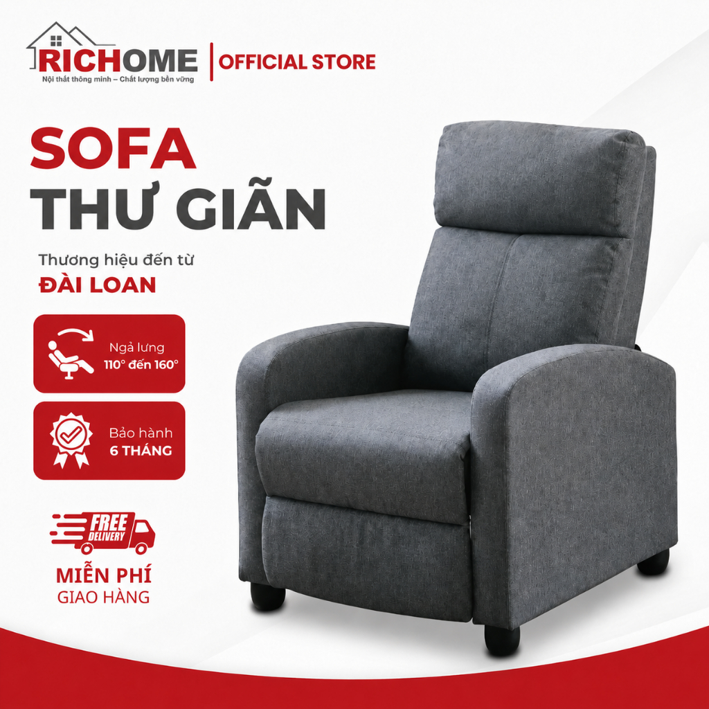 Ghế Sofa Thư Giãn ALYSSA RECLINER RICHOME P-R-SF001GR-1. Thiết Kế Ngả Lưng 155 Độ, Mềm Mại, Sang Trọ