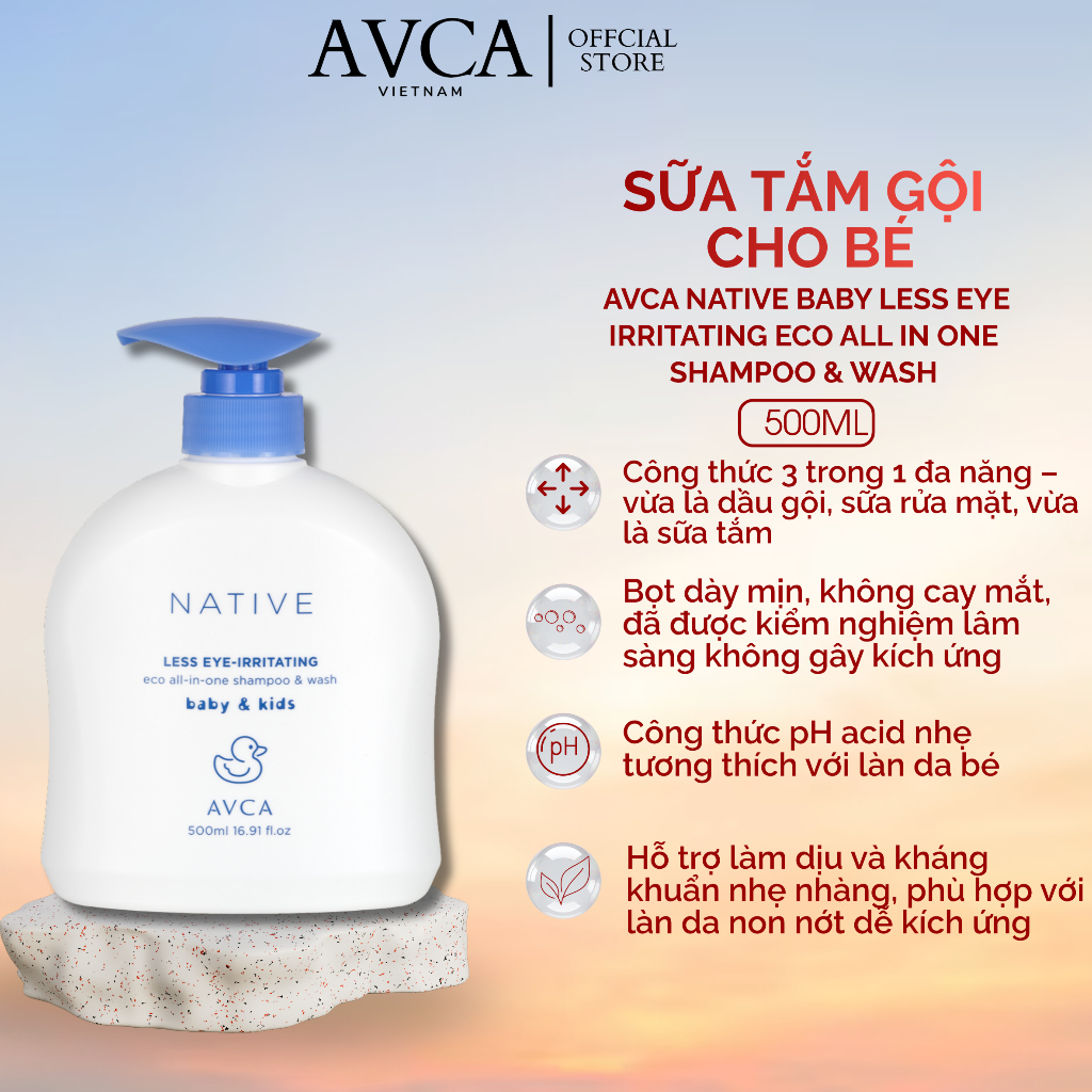 Sữa tắm gội cho bé Avca Native Baby Less Eye Irritating Eco All in one Shampoo & Wash 500ml