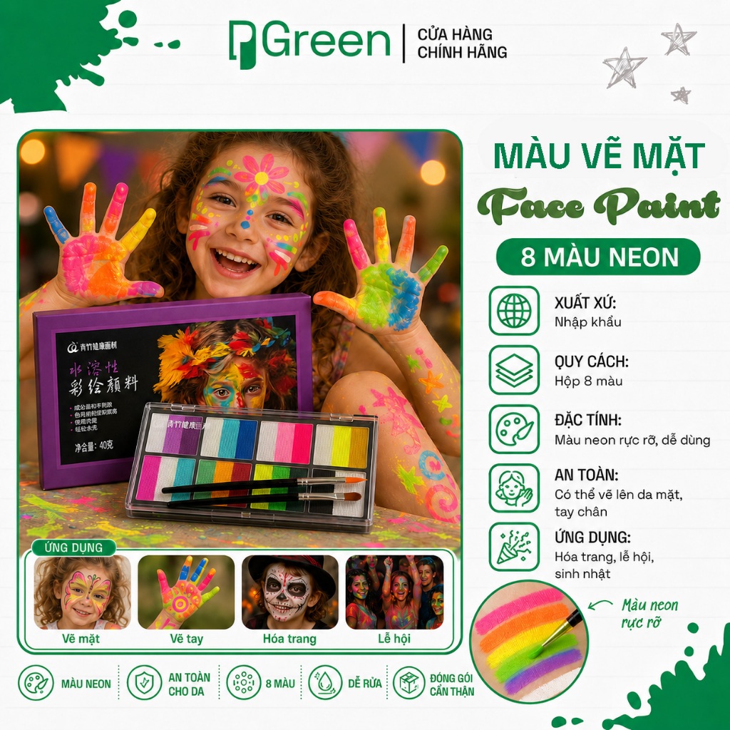 Màu Vẽ Mặt Neon 8 Màu – Face Paint Hóa Trang, Màu Nổi Bật, Dùng Cho Lễ Hội Halloween Biểu Diễn | PGR