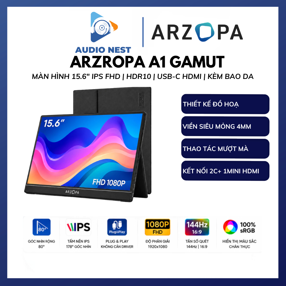 Màn Hình Di Động ARZOPA A1 Gamut 15,6 Inch 60Hz FHD 1080P IPS Có Bao Da USB-C & HDMI - Bảo Hành 24 T