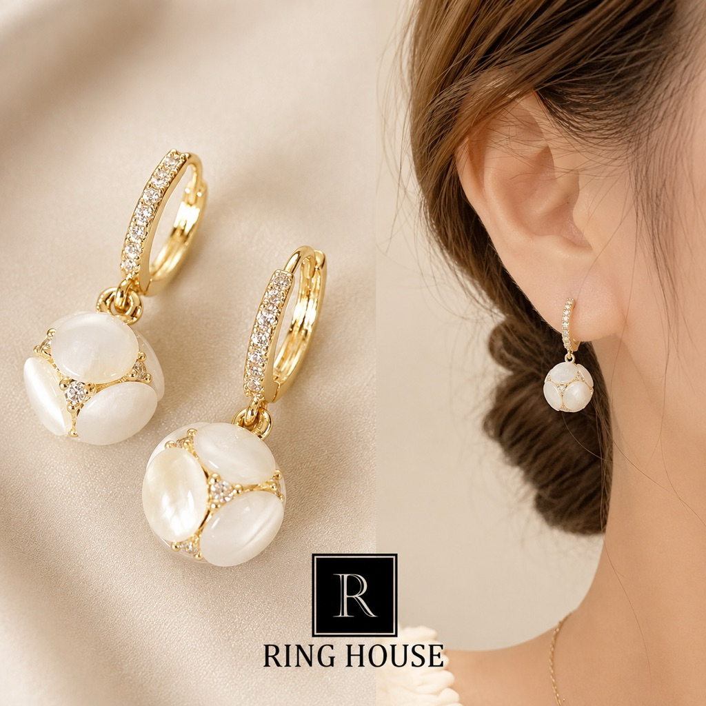E89 Khuyên Tai Bông Tai Nữ Hoa Đá Mắt Mèo Đẹp Ring House