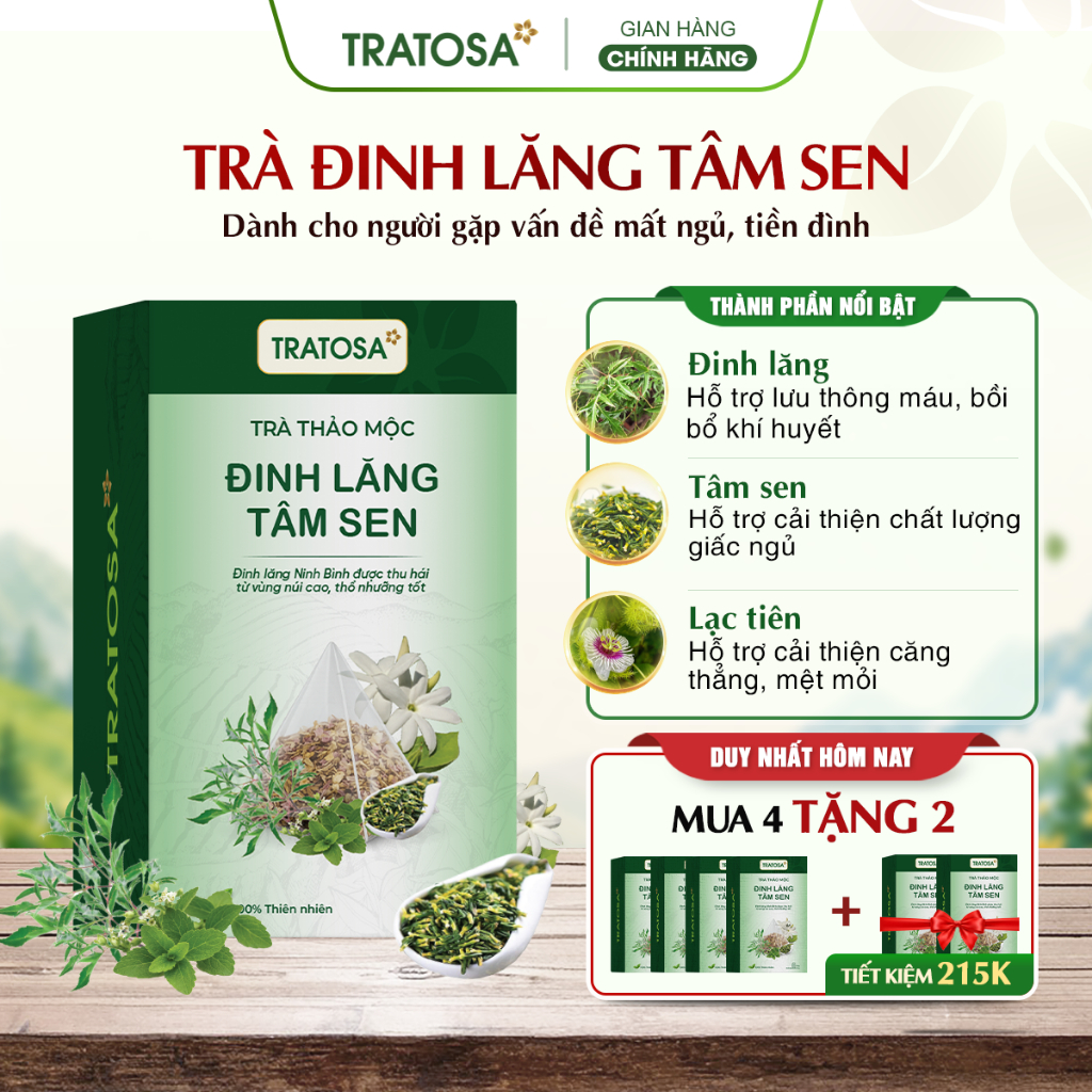 Trà đinh lăng tâm sen ngủ ngon TRATOSA trà thảo mộc tốt cho người mất ngủ, giảm stress, tiền đình, h