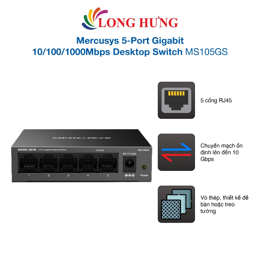 Switch Mercusys 5-Port Gigabit 10/100/1000Mbps Desktop Switch MS105GS - Hàng chính hãng
