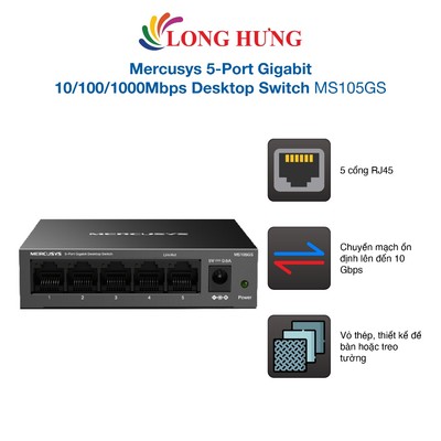 Switch Mercusys 5-Port Gigabit 10/100/1000Mbps Desktop Switch MS105GS - Hàng chính hãng