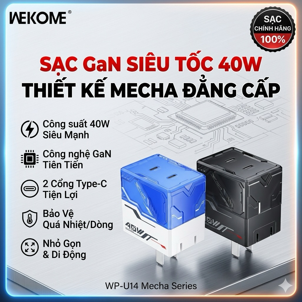 Củ Sạc Nhanh GaN 40W WEKOME WP-U14 Mecha Series 2 Cổng USB-C PD/PPS Thiết Kế Cyberpunk Độc Đáo