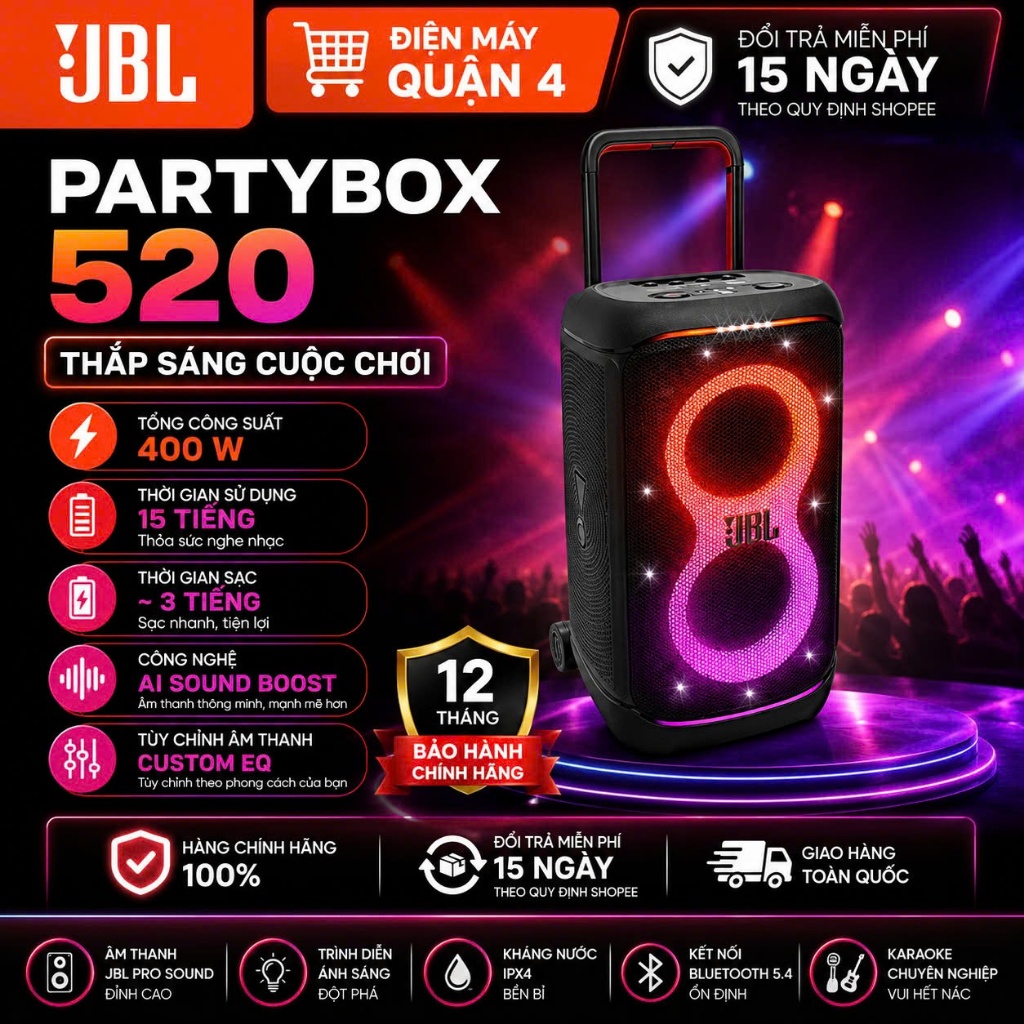 Loa Bluetooth JBL PartyBox 520 400W AI Sound Boost