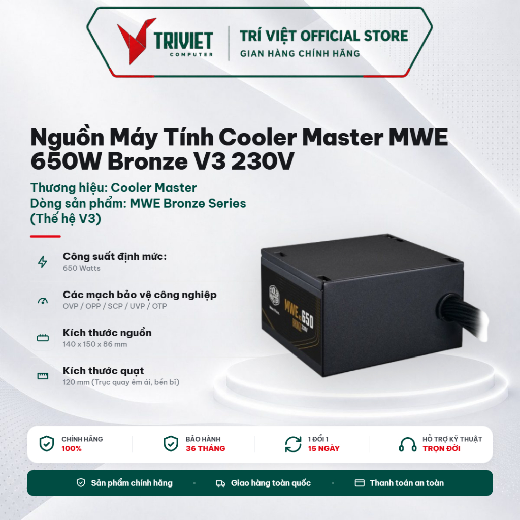 Nguồn Máy Tính Cooler Master MWE 650W Bronze V3 230V - 80 Plus Bronze - ATX 3.1 - Quạt HDB 120mm