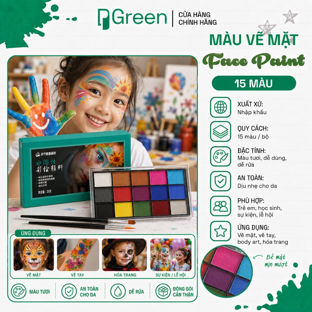 Màu Vẽ Mặt Metallic 15 Màu – Face Paint Ánh Kim, Màu Nổi Bật, Dùng Hóa Trang Halloween Biểu Diễn | P
