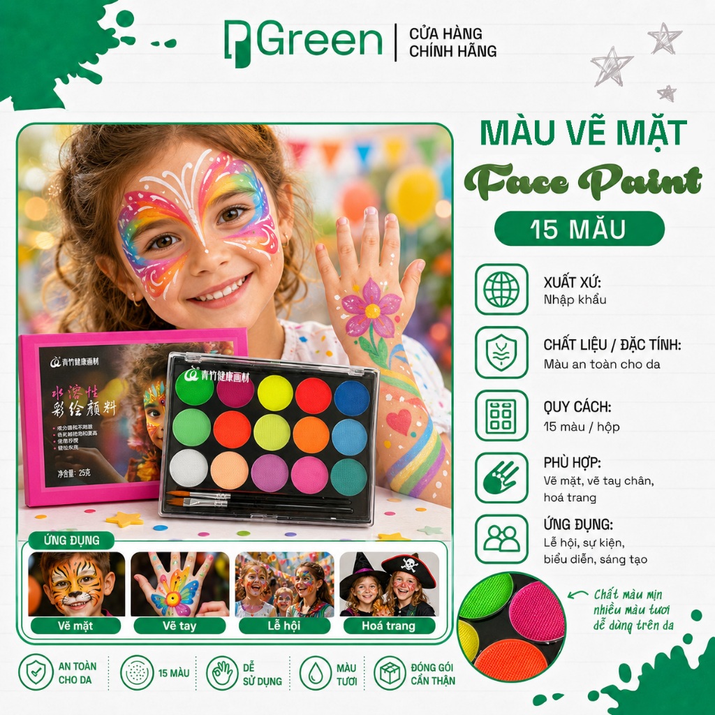 Màu Vẽ Mặt Neon 15 Màu – Face Paint Hóa Trang, Màu Nổi Bật, Dùng Lễ Hội Halloween Biểu Diễn | PGREEN
