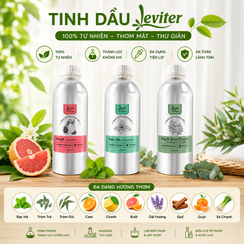 Tinh dầu Leviter 1000ml Bạc hà, Tràm trà, Tràm gió, Cam, Chanh, Bưởi, Oải hương, Quế, Quýt, Sả chanh