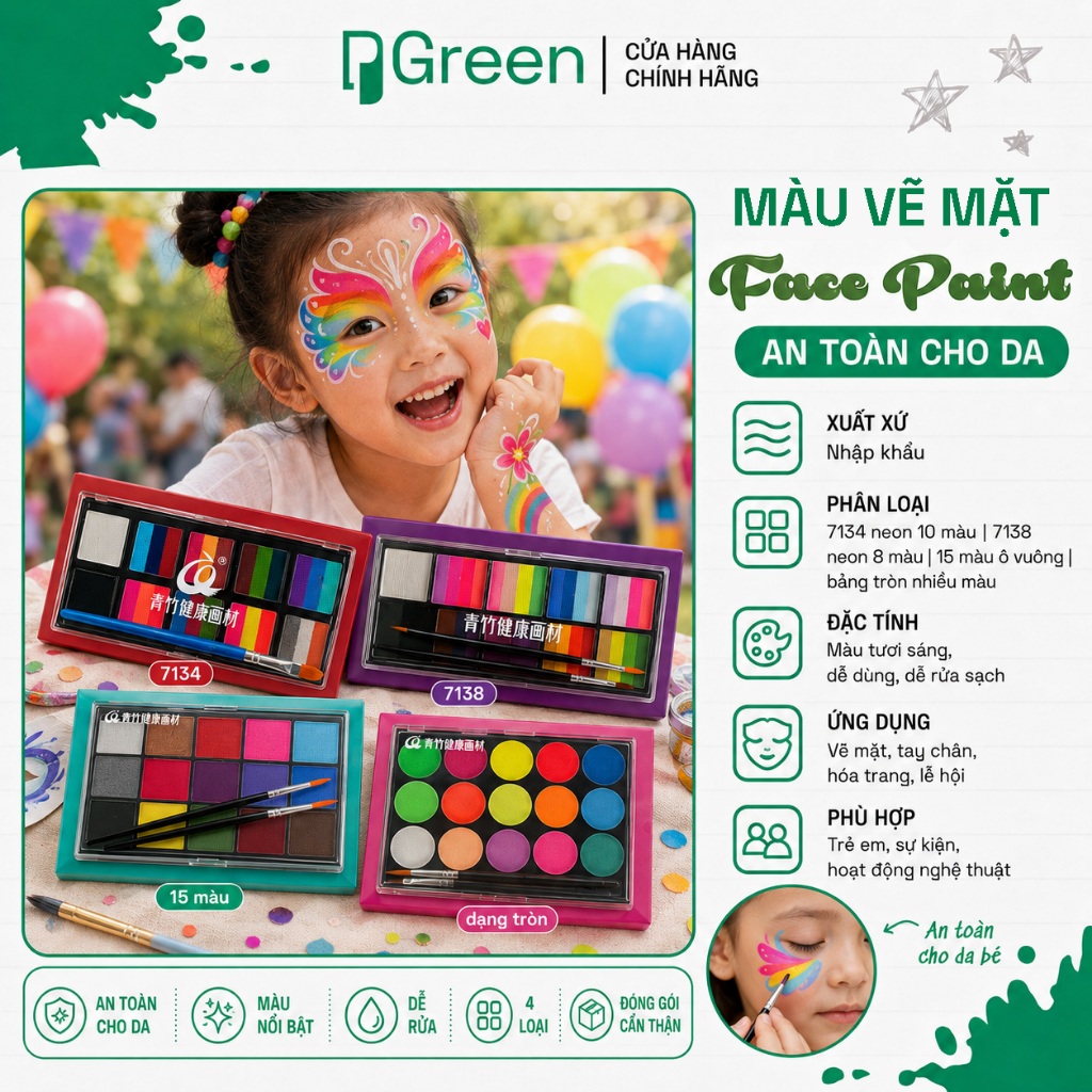 Màu Vẽ Mặt Face Paint Neon / Metallic 8-10-15 Màu – Màu Hóa Trang Lễ Hội Halloween Biểu Diễn | PGREE