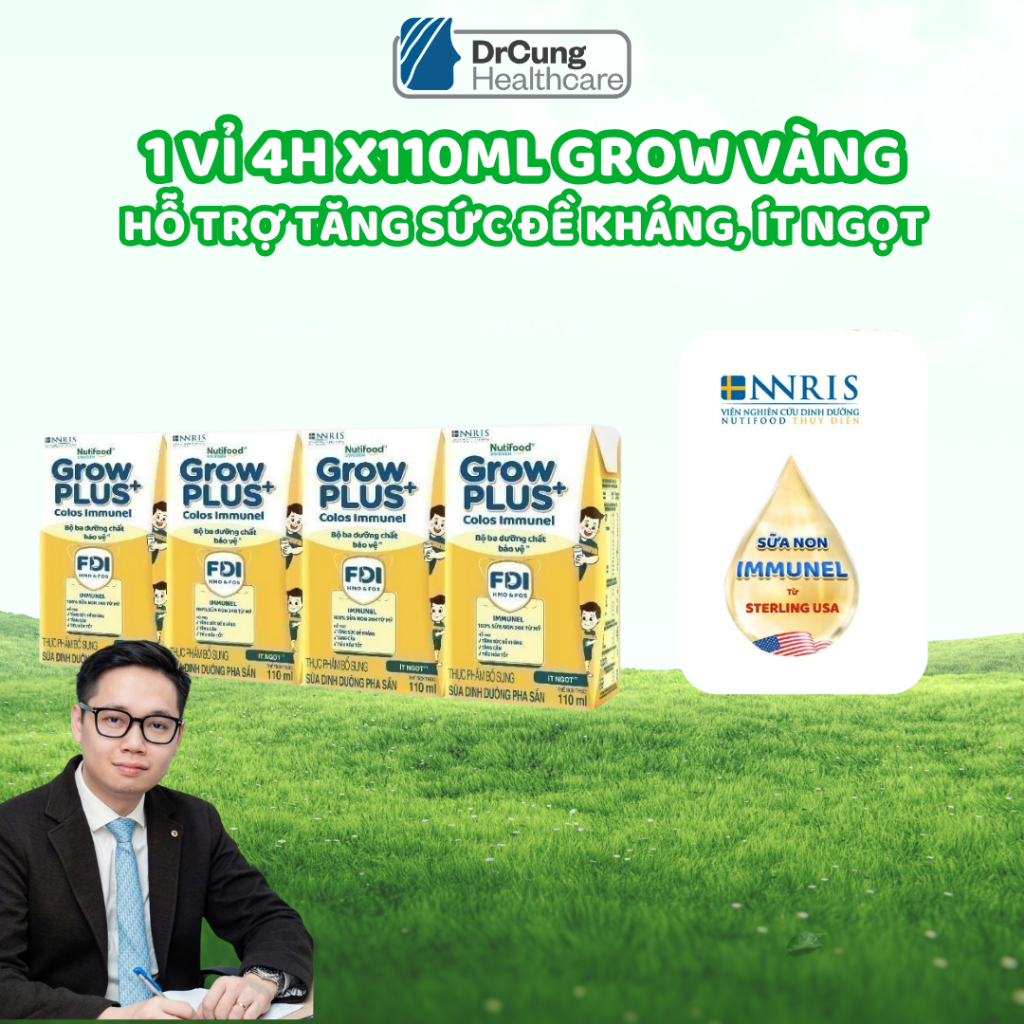 1 Vỉ GROW VÀNG Sữa Dinh Dưỡng 110ml Nutifood GrowPLUS+ Sữa Non Immunel - Tăng Đề Kháng (4 Hộp x 110m
