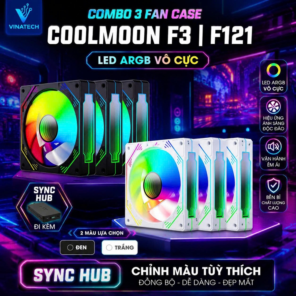 Fan case PC Redmoon F3 LED ARGB Trắng Đen vô cực 12cm Sync RGB Hub 6 pin + HUB Remote đồng bộ