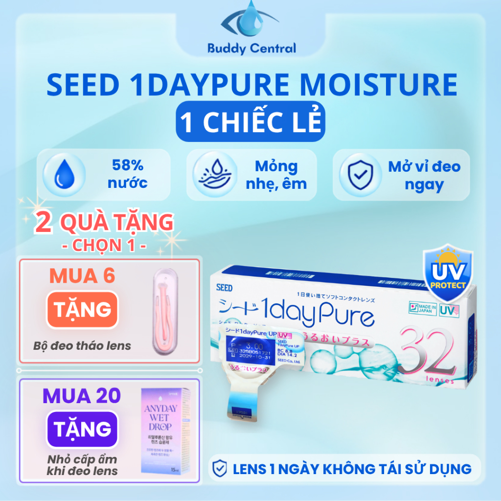 Lens Seed 1 ngày không màu 1 day Pure moisture full độ cận - Buddy Central