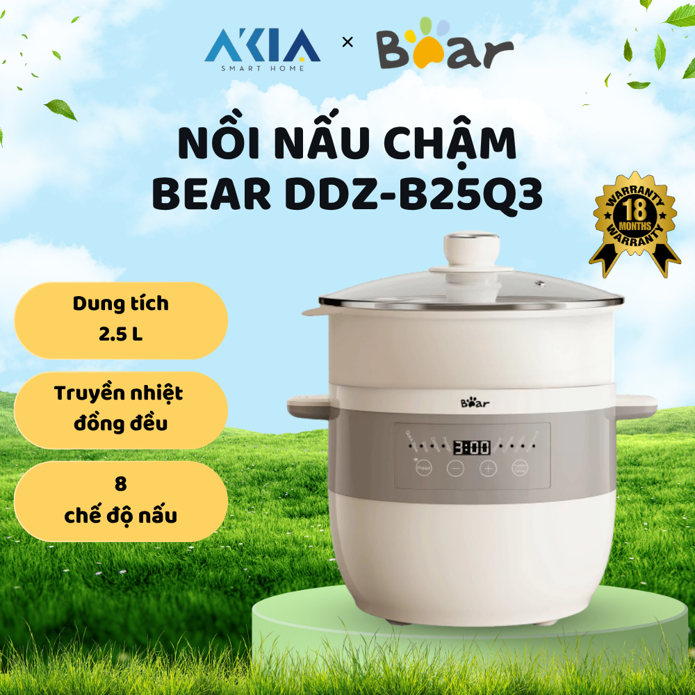 Nồi Nấu Chậm 2,5L Bear DDZ-B25Q3 - Bộ 5 thố sứ dung tích lớn, đa dạng chế độ nấu - Bảo hành 18 tháng