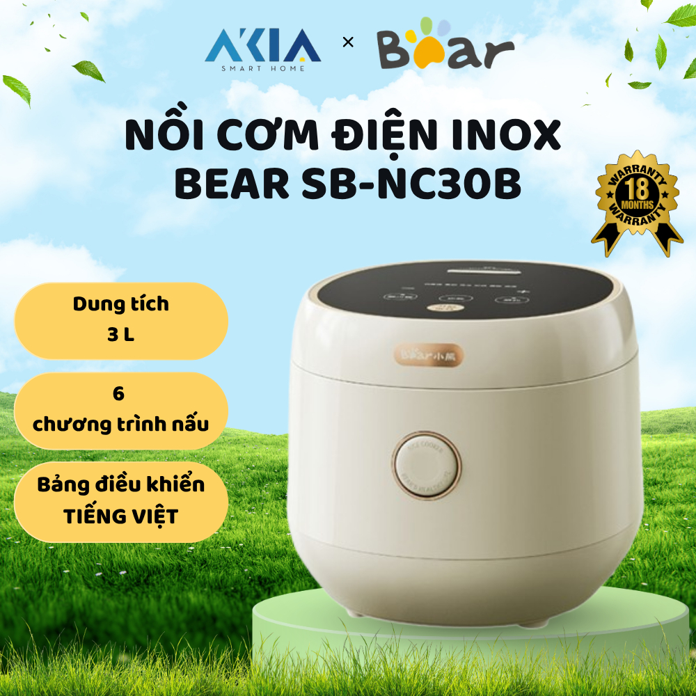 Nồi cơm điện Bear SB-NC30B - Chống dính an toàn, trang bị 6 chức năng nấu, hẹn giờ linh hoạt