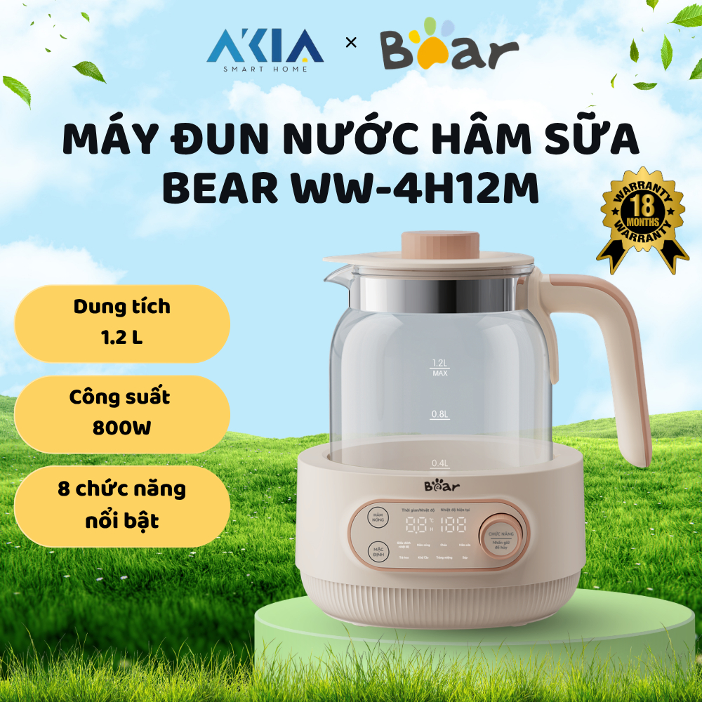 Máy đun nước hâm sữa Bear WW-4H12M - Đun sôi nhanh chóng, thân ấm thuỷ tinh borosilicate cao cấp