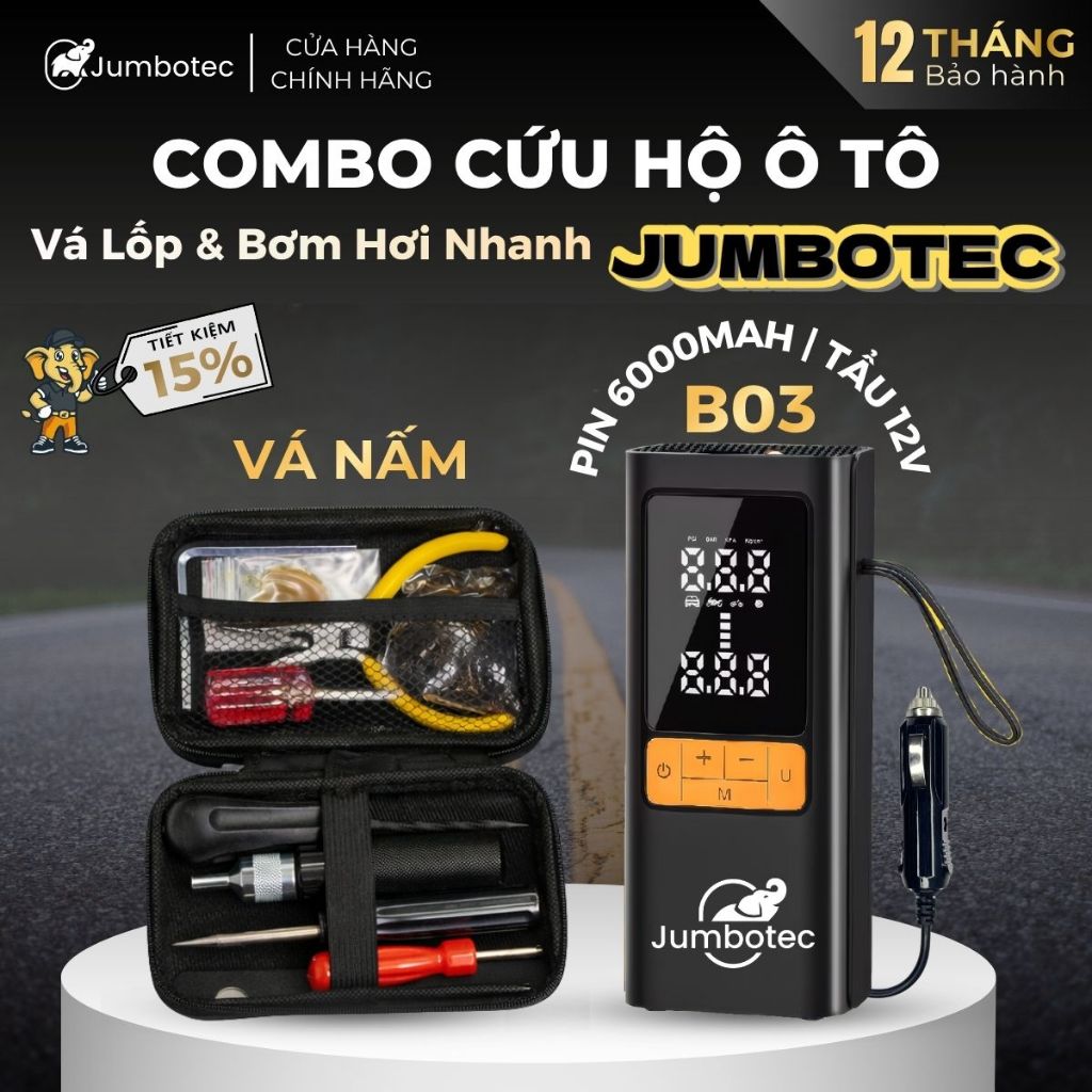 Combo Cứu Hộ Ô Tô Jumbotec: Bộ Nấm Vá Lốp & Bơm Điện Tử B03, Không Tháo Lốp, Không Cần Chờ Cứu Hộ