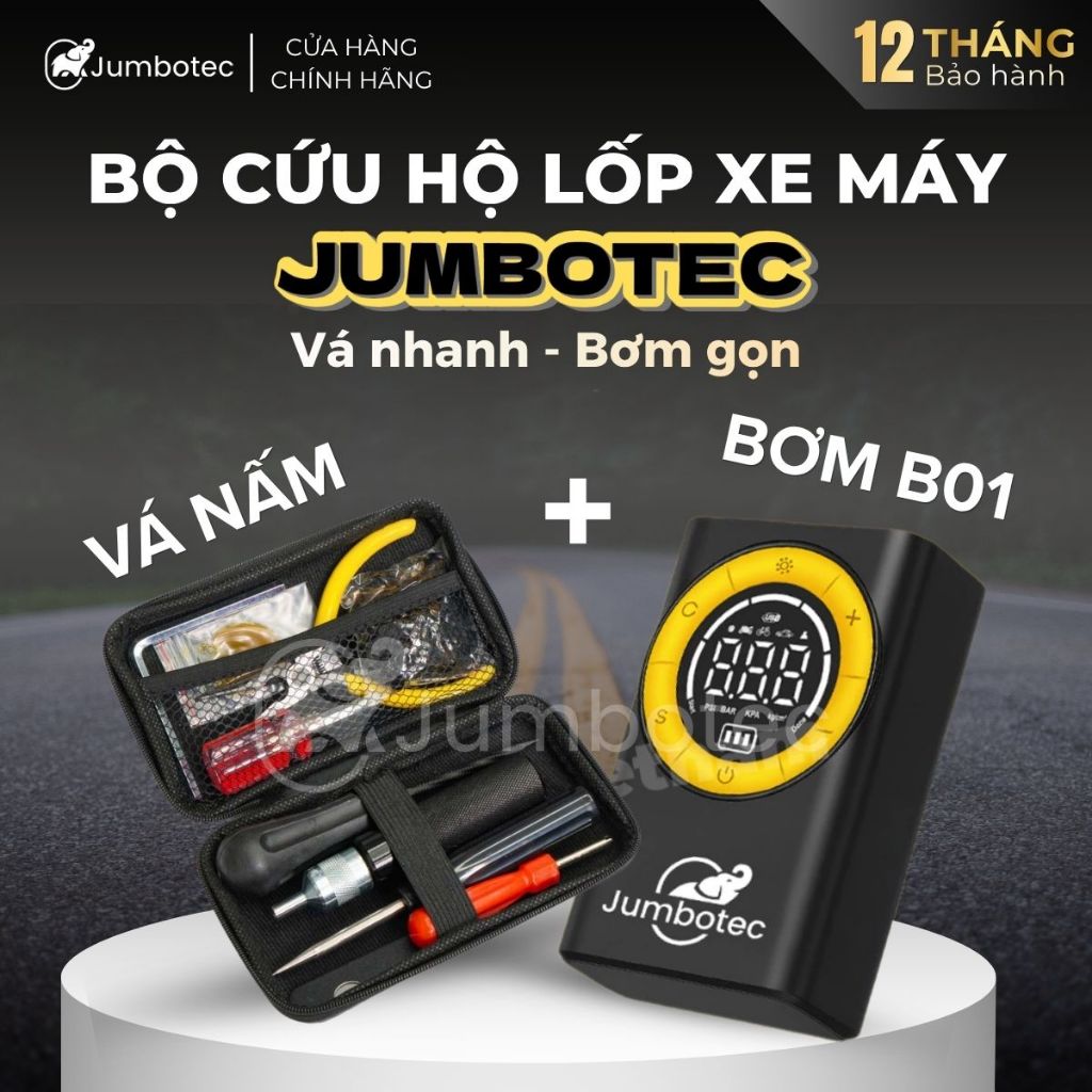 Bộ Cứu Hộ Lốp Xe Máy 2in1 (Bơm B01 + Vá Nấm) Jumbotec - Vá Nhanh Lốp Xe Không ruột, Không Tháo Lốp