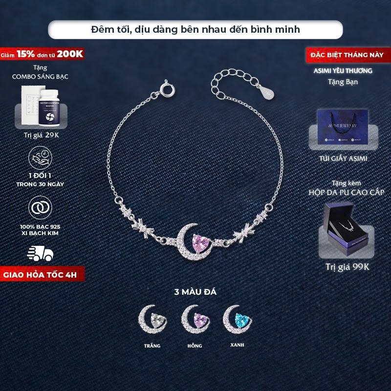Lắc tay bạc ý Moon Half Asimi, vòng tay bạc Ý S925 mảnh mai tinh tế Half Light LT60