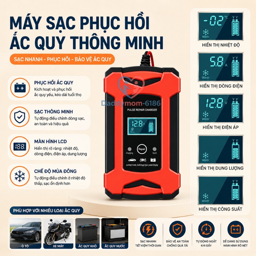 Sạc bình acquy xe máy 12V - 100ah, bộ sạc bình acquy cho xe máy đến ô tô tự động ngắt khi đầy