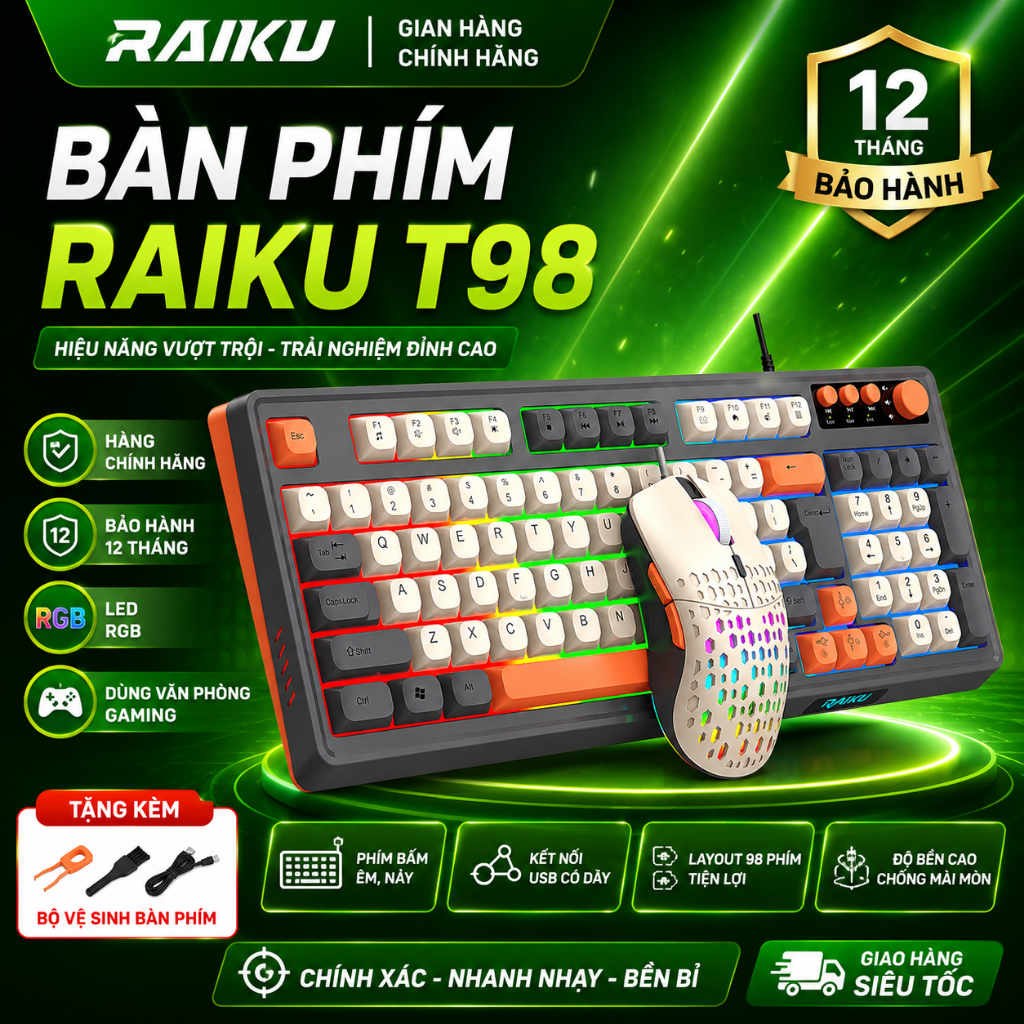 Bộ Bàn Phím Chuột RAIKU T98 – Combo Bàn Phím LED Gaming + Chuột Quang Nhạy, Thiết Kế Đẹp, Giá Rẻ Cho