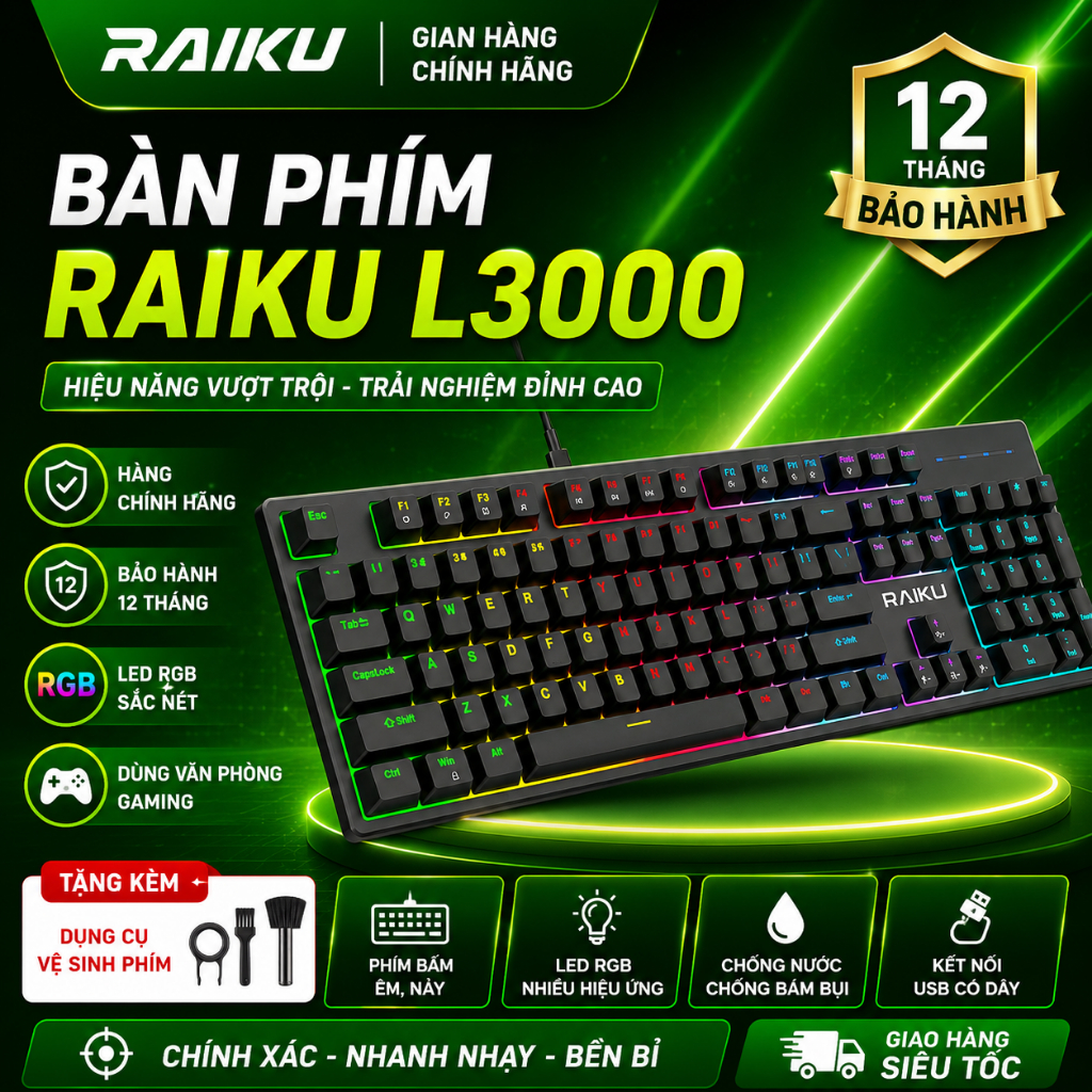 Bàn Phím Cơ RAIKU L3000 Gaming LED RGB – Switch Nhạy, Gõ Êm, Thiết Kế Cá Tính, Phù Hợp Game Thủ & Vă