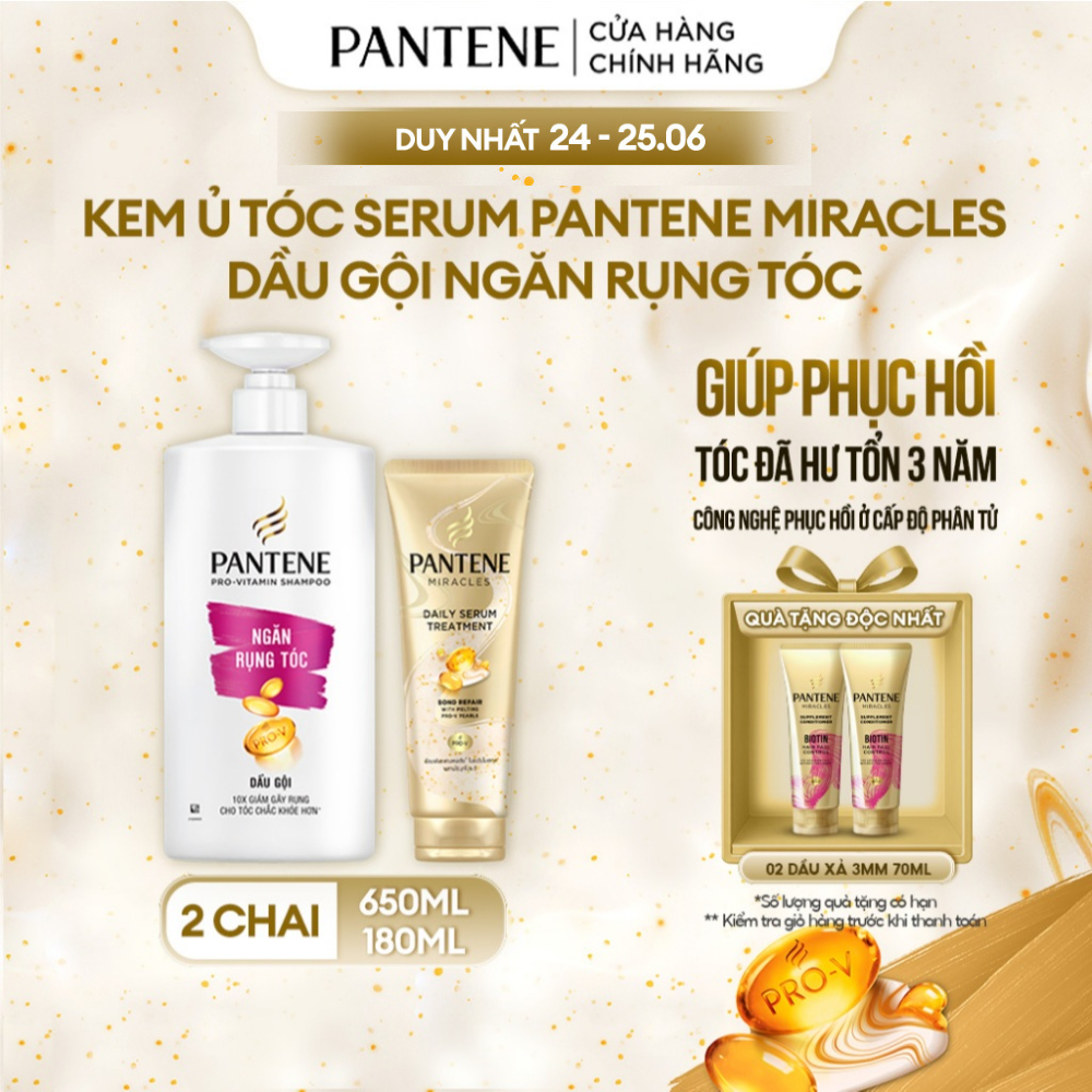 [LIVE] Combo Gội Pantene Chăm Sóc Hư Tổn / Mượt Mà Óng Ả / Ngăn Rụng Tóc / Giảm Gàu 650ml + Kem Xả Serum 180ml