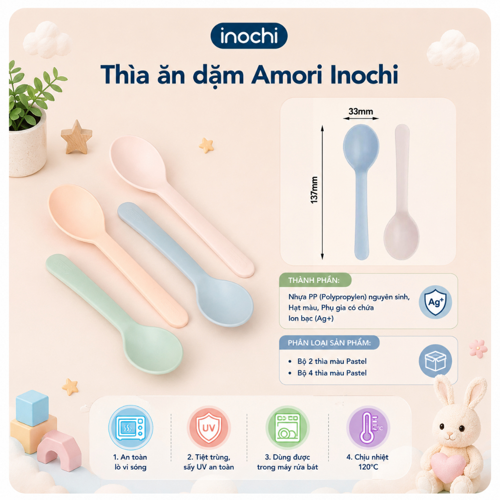Thìa ăn dặm Inochi cho trẻ nhỏ tự ăn loại dài Amori, nhựa nguyên sinh an toàn…