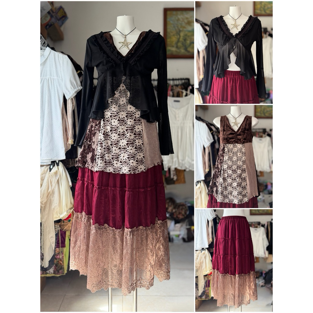 [2hand_thrift] Set tách: áo khoác thun lưới tay loe M, áo nhung ghép Axes M, chân váy xô lụa phối re