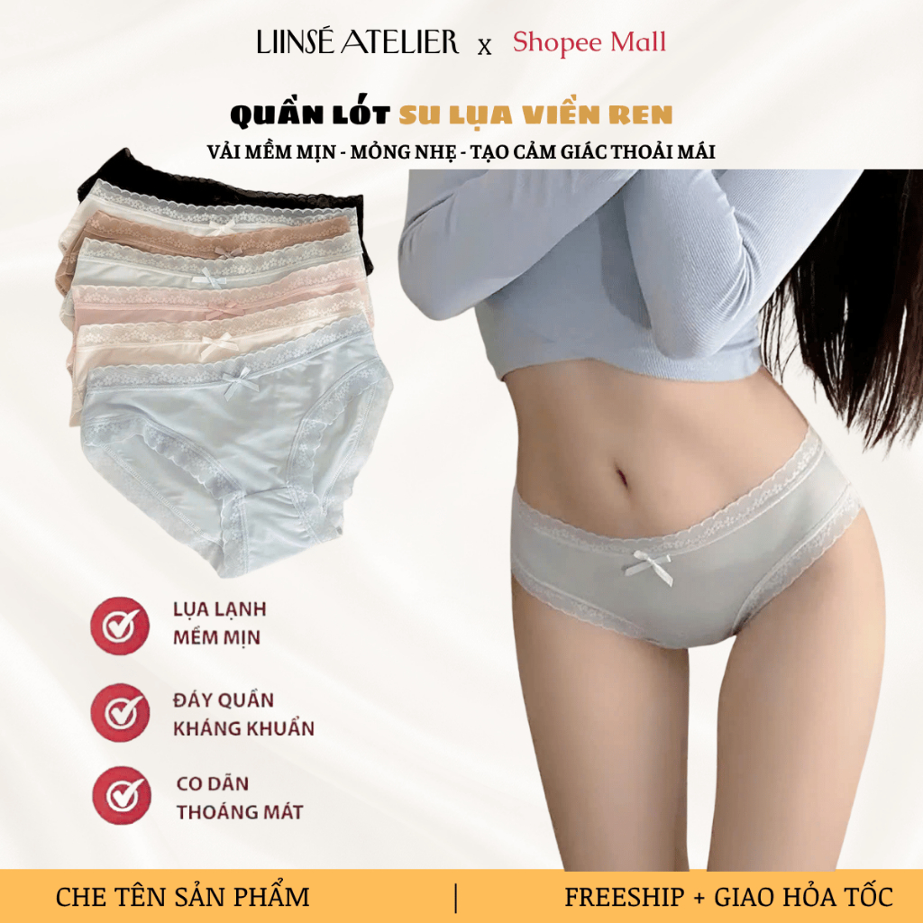 10 Quần lót nữ su lụa siêu mỏng không hằn co giãn phối ren hoa LIINSÉ ATELIER thoáng mát gợi cảm Q0717