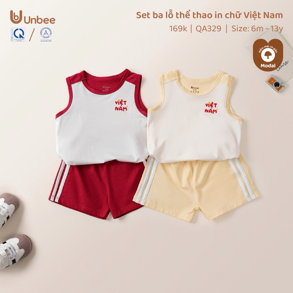 (Unbee) Bộ ba lỗ thể thao in chữ Việt Nam chất modal mềm mại co giãn cho bé