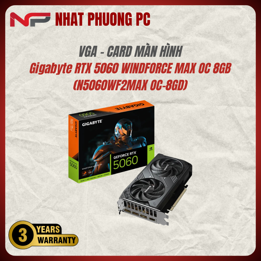 VGA Gigabyte RTX 5060 WINDFORCE MAX OC 8GB (N5060WF2MAX OC-8GD)