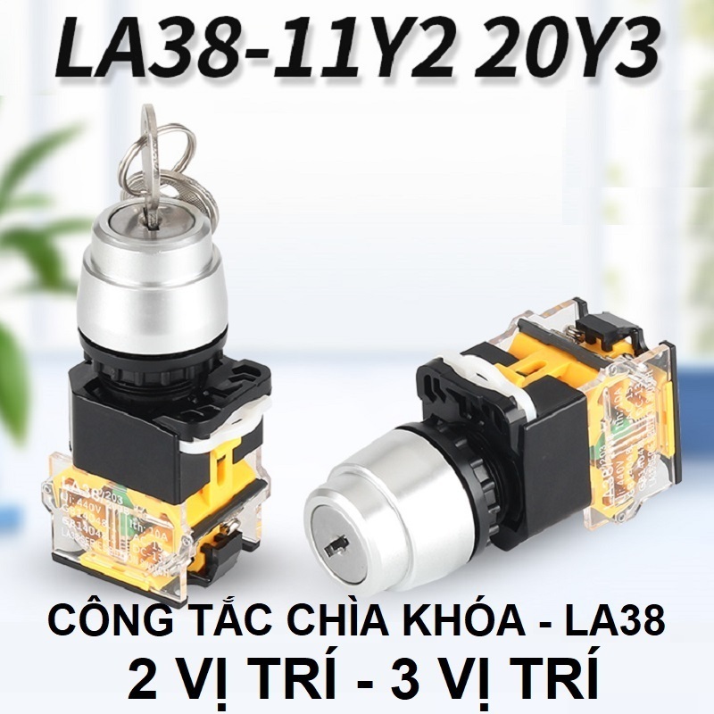 Công Tắc Xoay 2 Vị Trí LA38-11Y/2 NO+NC, LA38-20Y/2 2NO – 3 Vị Trí LA38-11Y/3 phi 22 (Có Chìa Khóa)