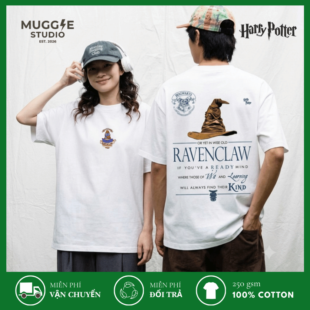 MUGGLE Áo Thun Oversize Unisex Thêu Logo Ravenclaw Giữa Ngực Cotton 250GSM Cao Cấp