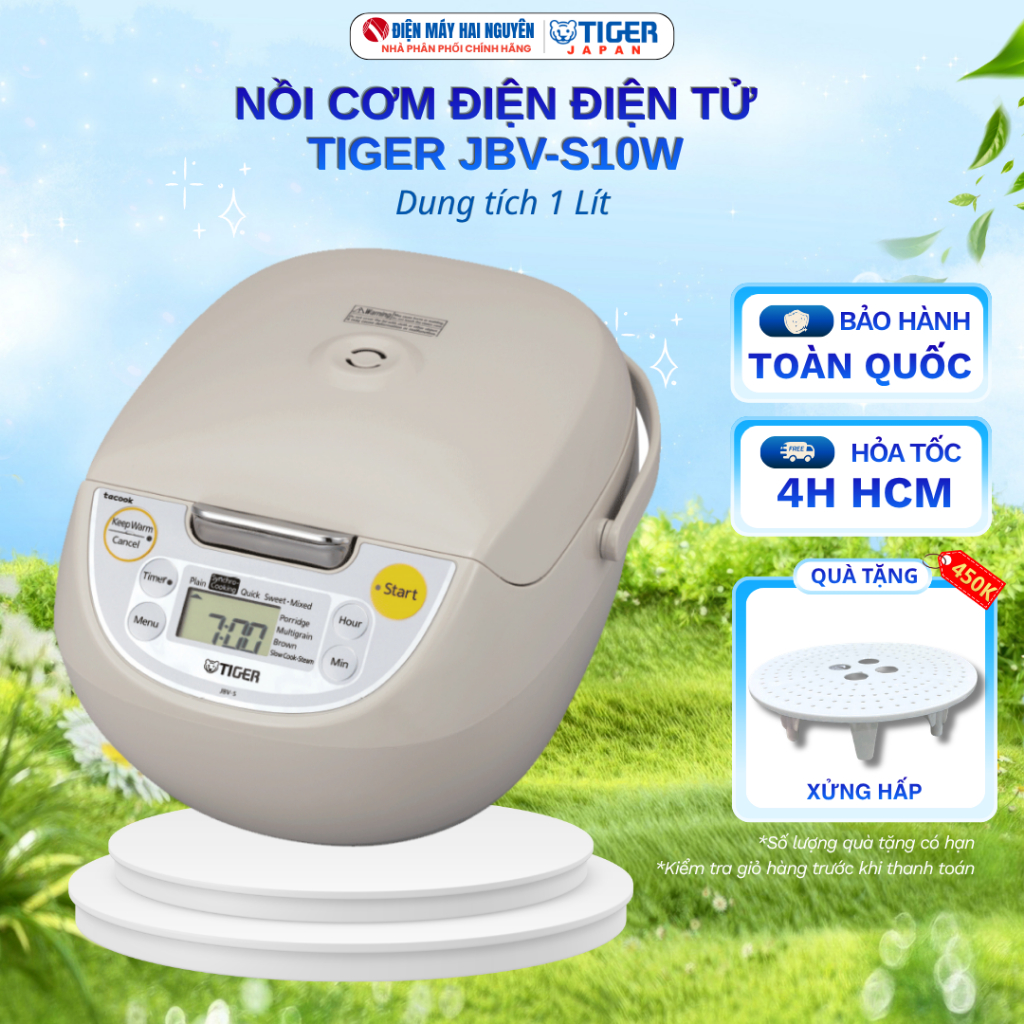 Nồi cơm điện tử Tiger JBV-S10W, Dung tích 1 lít, Bảo hành toàn quốc
