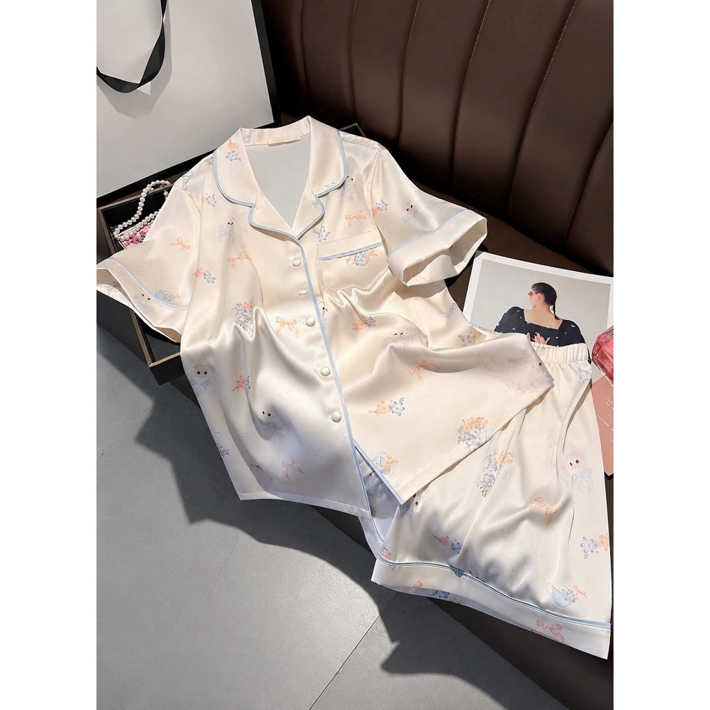 ⁠[LUNA-D4] Bộ đồ đùi Pijama lụa cao cấp | Premium Silk Short Pajama Set⁠
