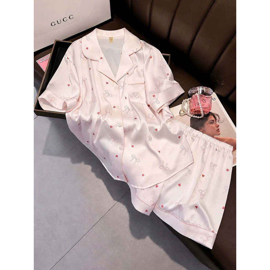 ⁠[LUNA-D6] Bộ đồ đùi Pijama lụa cao cấp | Premium Silk Short Pajama Set⁠