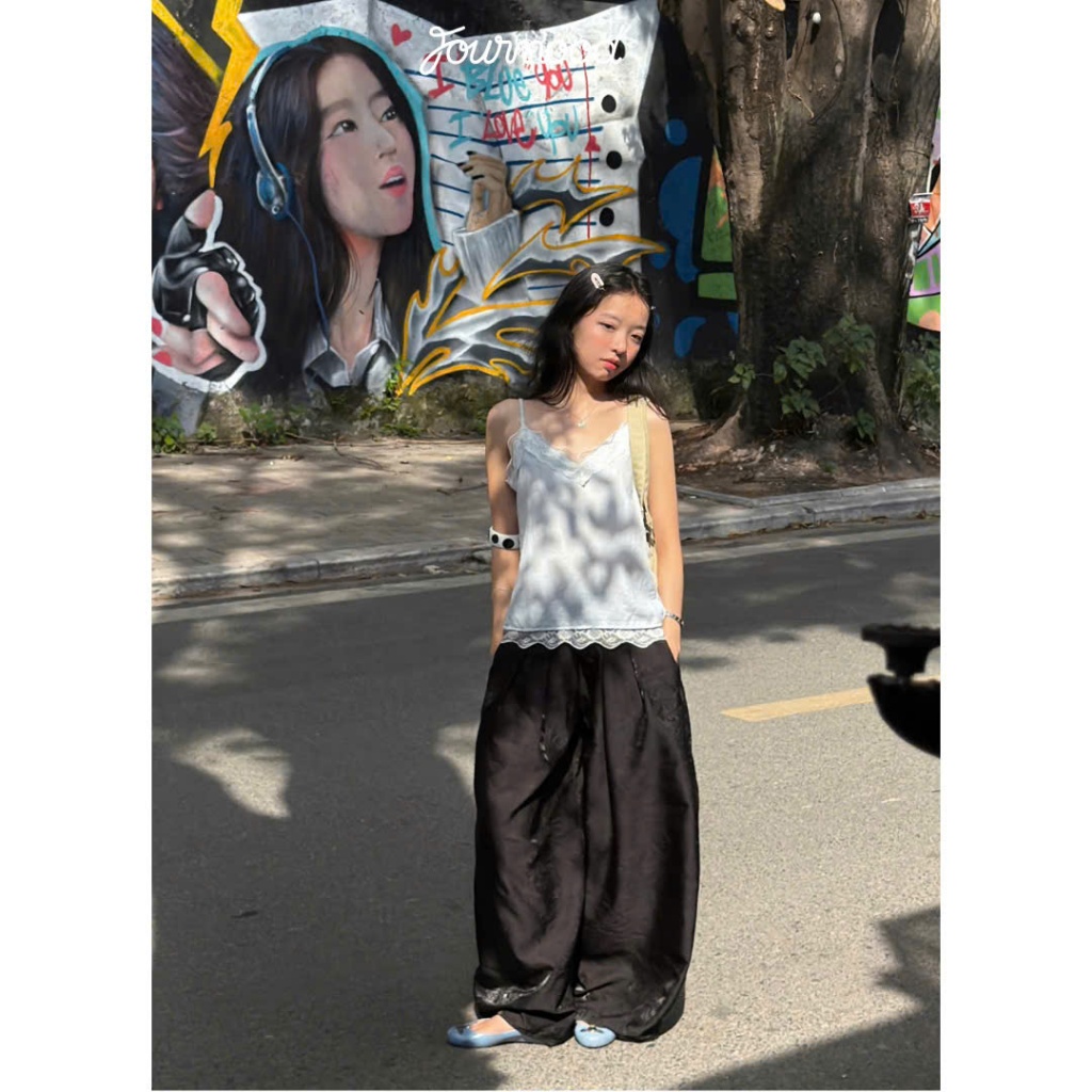 FOURMOOD - Quần Suông Đen Ống Rộng Hack Dáng Chất Tơ Mặc Thoải Mái ASIAN PANTS