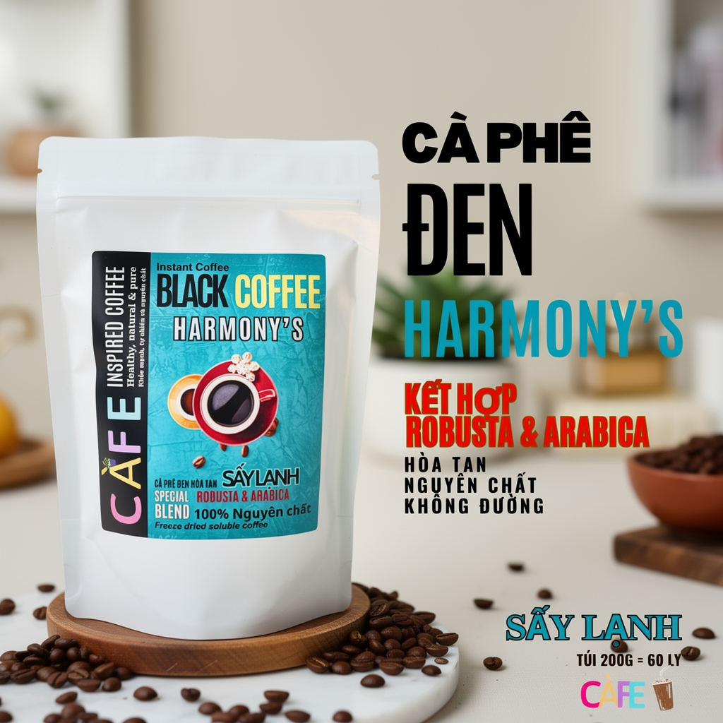 Cà phê hòa tan sấy lạnh Black Coffee Harmony's, tinh chất cafe đen không đường, uống liền tiện lợi.