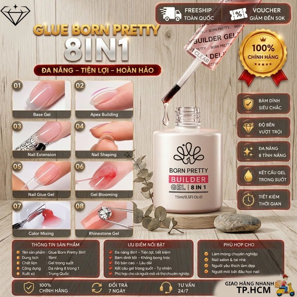 Glue gel 8in1 Born Pretty 15ml Glue gel cứng móng tạo cầu 4làm Dual Form Dán Úp Cứng Móng Loang Mix 