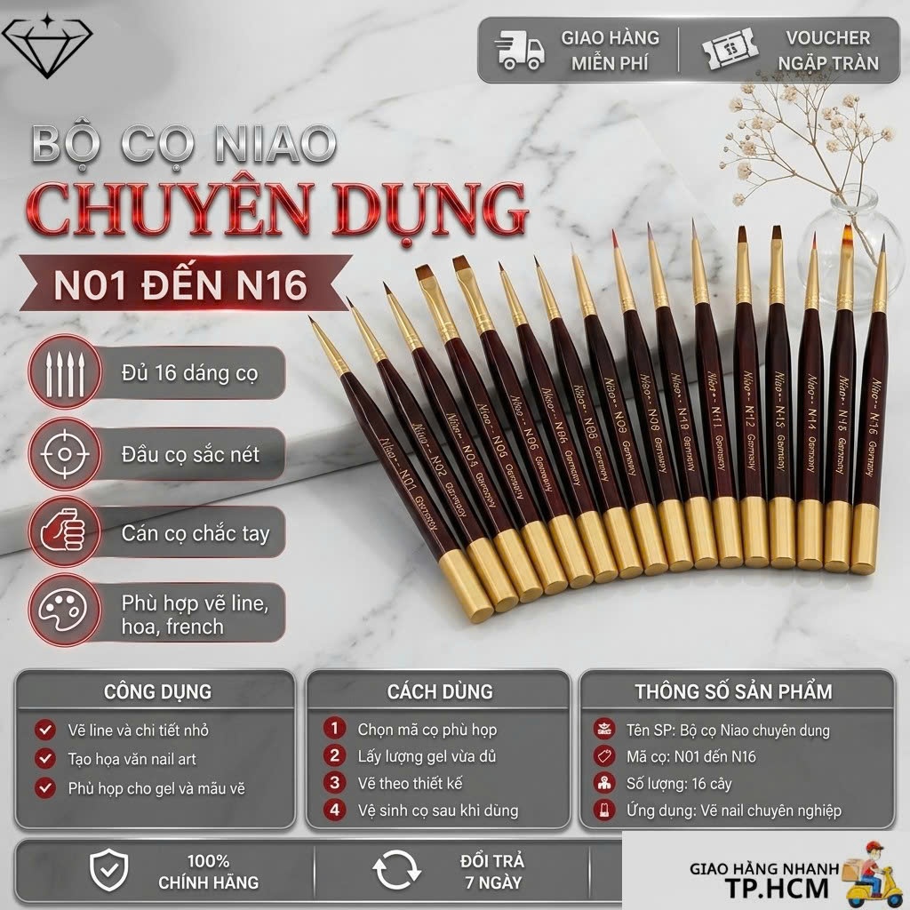Cọ Niao nail vẽ móng đủ bộ chuyên nghiệp Bộ cọ Niao Germany lông chồn cao cấp Nails DIamond