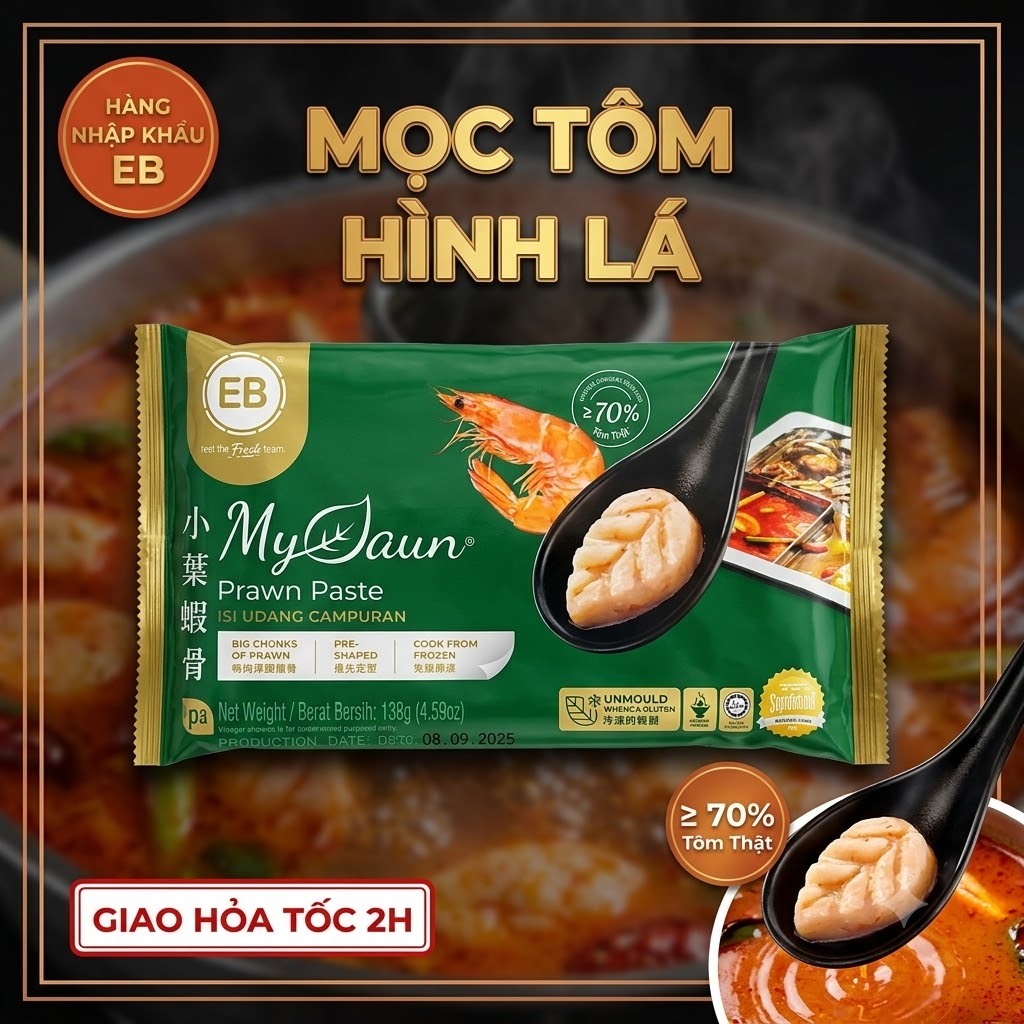 Mọc Tôm Hình Lá EB My Daun Prawn Paste 130g - Viên Thả Lẩu Nhập Khẩu Dai Giòn Đậm Vị Tôm Phỉ Thuý Haidilao 10 viên