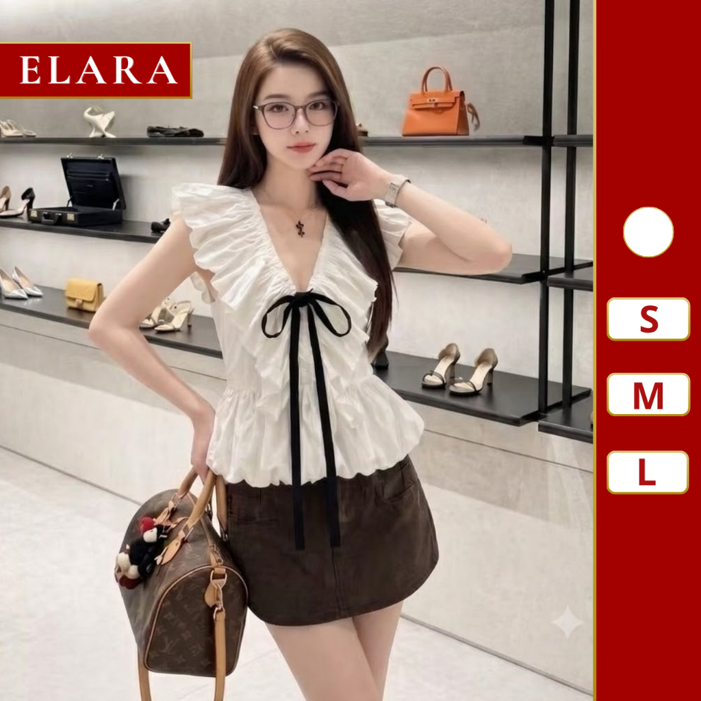 Áo kiểu nữ cao cấp babydoll cổ v bèo nhún thắt nơ dáng xoè hàng thiết kế phong cách hàn quốc-D26