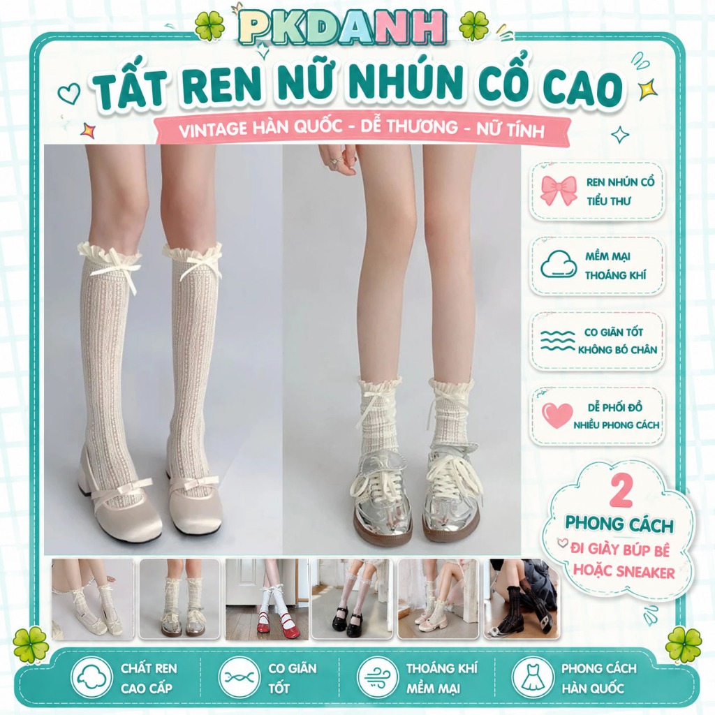 Tất Ren Nữ Nhún Cổ Cao Vintage Hàn Quốc Đáng Yêu – Vớ Ren Cổ Xòe Buộc Nơ Nữ Tính