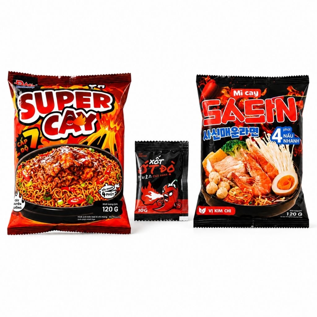 Combo 2 vị SASIN Mì Trộn Super Cay 120g +Mì Cay SASIN Hương Vị Kim Chi 120g - Nấu Nhanh 4 Phút Tiện 