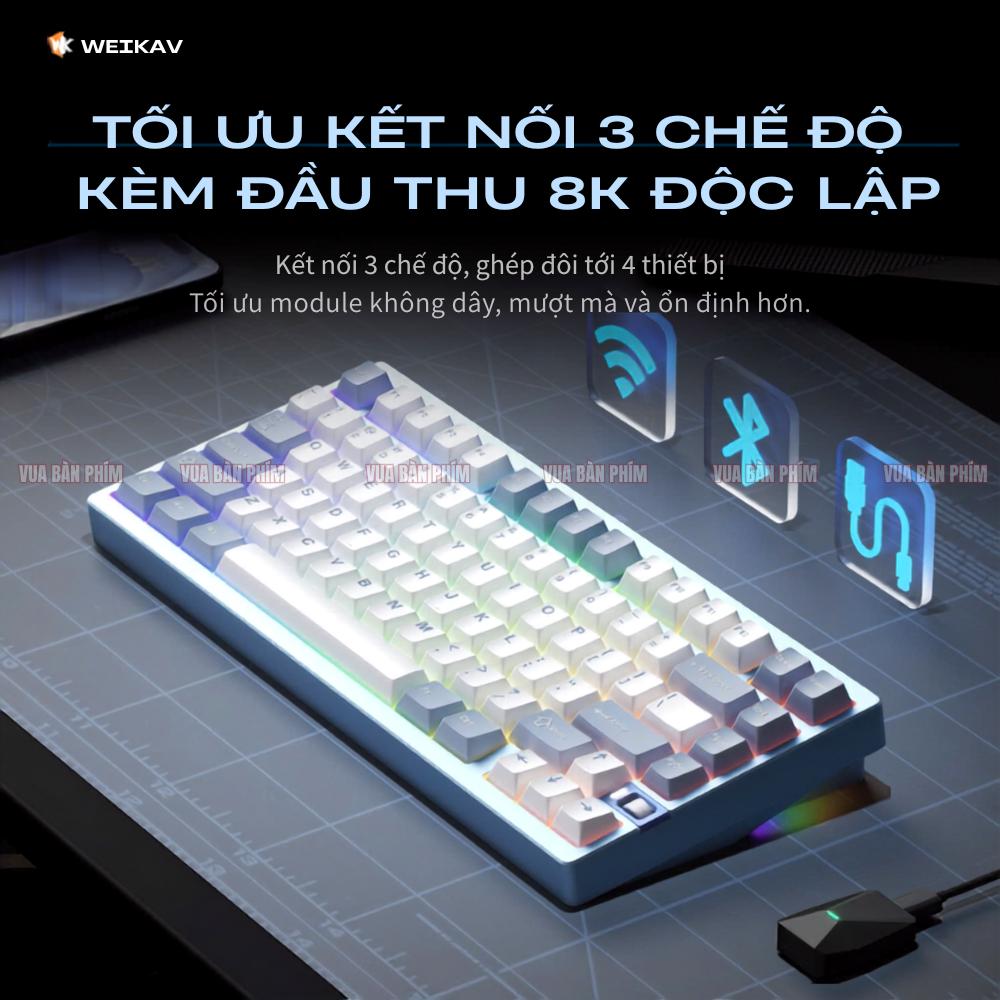 Bàn phím cơ không dây wekaiv nut75 nhôm cnc ,3 mode, núm xoay, polling rate 8k ,kết nối via,mạch xuôi , hotswap, led rgb | BigBuy360 - bigbuy360.vn