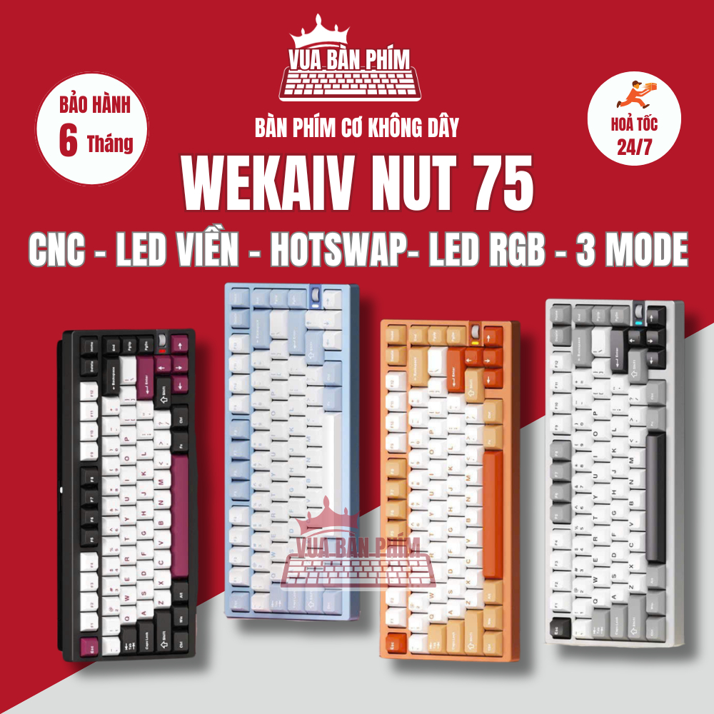 Bàn phím cơ không dây wekaiv nut75 nhôm cnc ,3 mode, núm xoay, polling rate 8k ,kết nối via,mạch xuôi , hotswap, led rgb | BigBuy360 - bigbuy360.vn